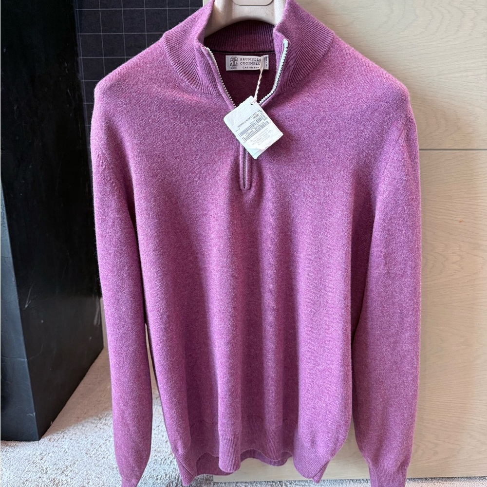 Brunello Cucinelli Men's 1/4 Zip Cashmere Pullover Sweater Size 48IT Purple
